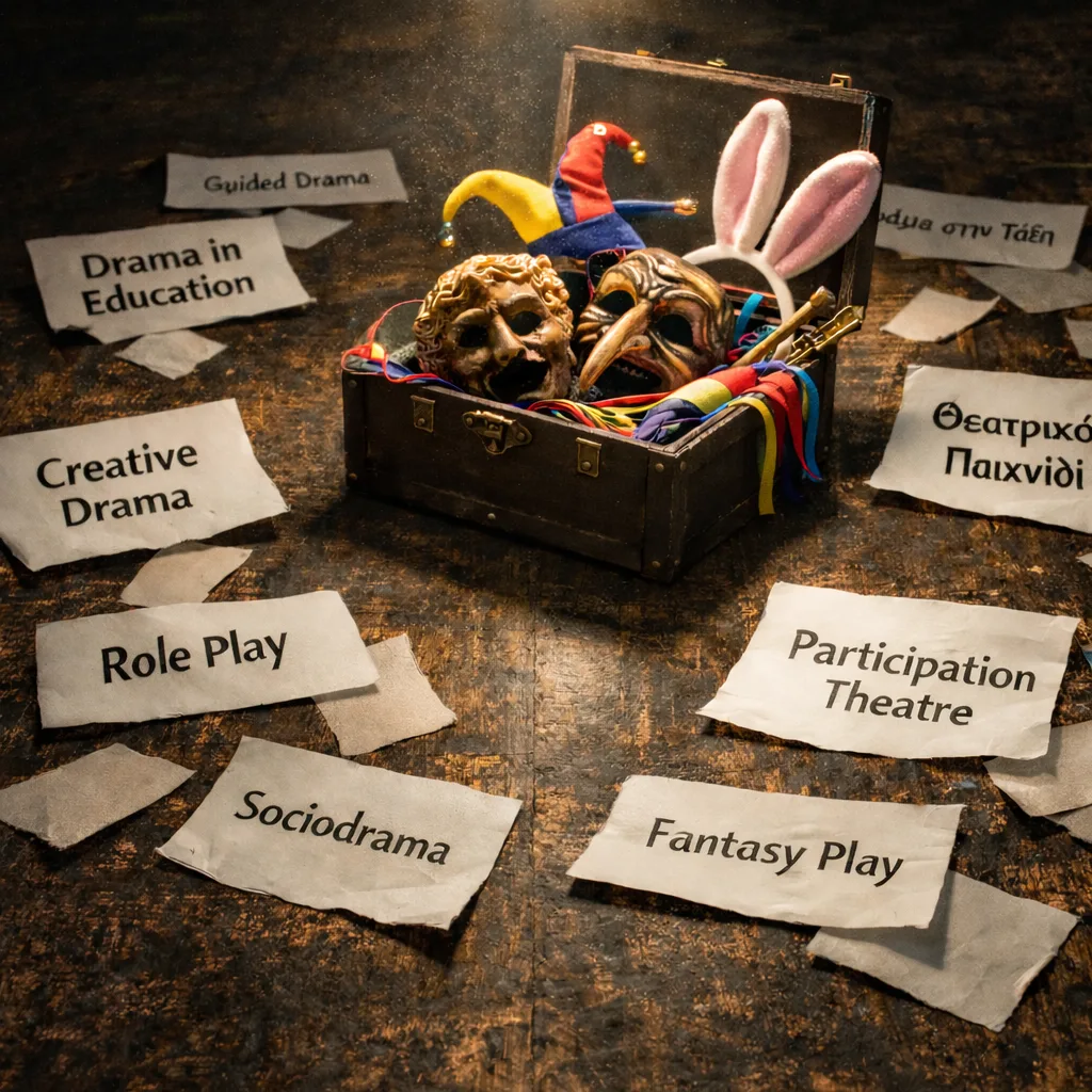 Ενα κουτί με θεατρικά αντικείμενα και μάσκες πάνω σε ξύλινη θεατρική σκηνή και γύρω του χαρτάκια με τους ορισμούς του παιδαγωγικού θέατρου