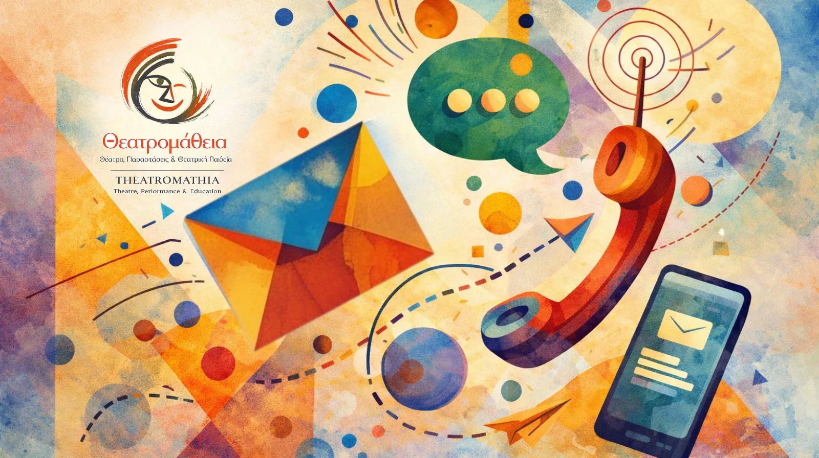 Decorative picture with envelope, phone and geometrical elements around Theatromathia's Logo