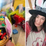 Φωτογραφικό κολαζ από τη μια πλευρά τα υλικά του μαθήματος και από την άλλη η εμψυχώτρια με καπέλο λαγού